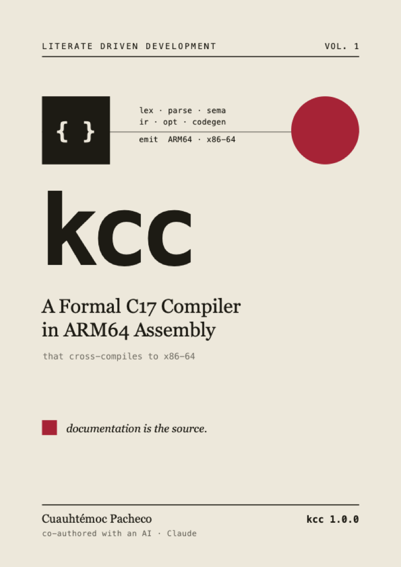 kcc, a formal C17 compiler in ARM64 assembly: book cover